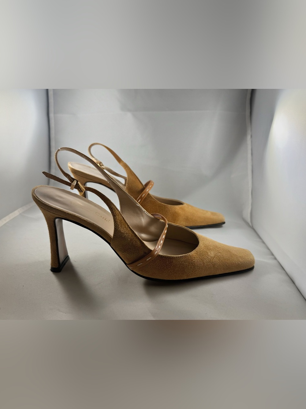 Suede Slingback Pumps in Tan with Patent Accent